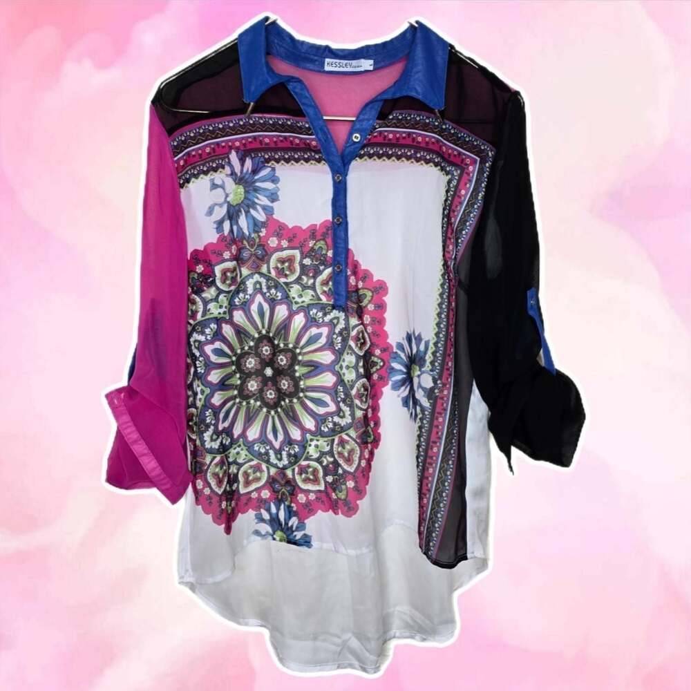 Kessley Co USA Sheer Boho Floral Mandala Tunic Blouse
